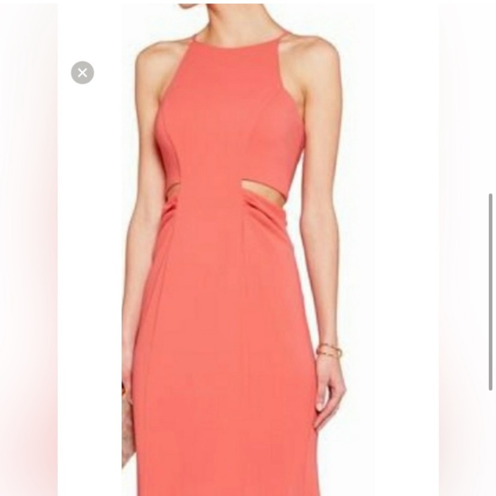 Badgley Mischka Crepe/Sleeveless Midi with High Neckline! “persimmon color”
